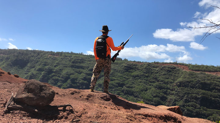 Hunter gazes off cliff over scrubline
