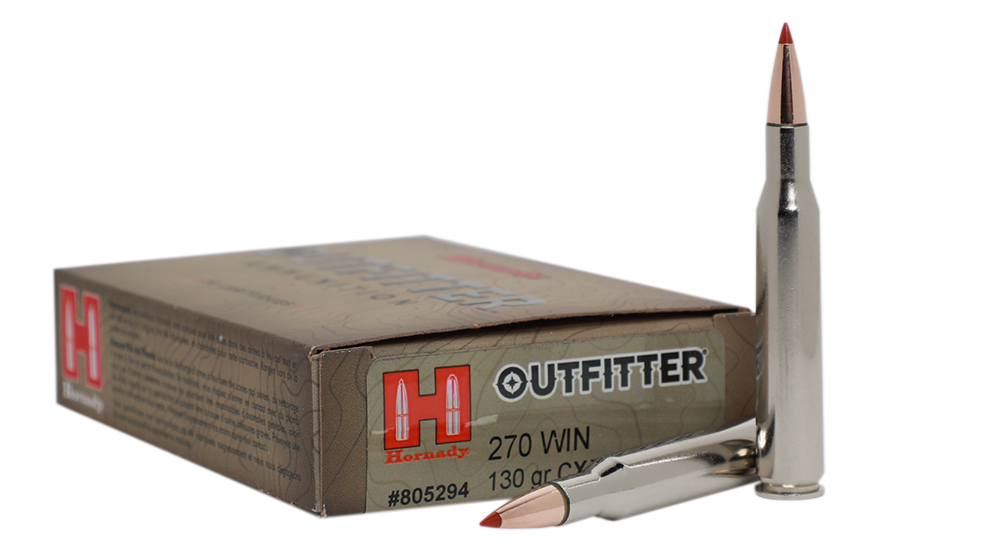 Hornady Outfitter .270 Winchester 130-grain CX ammunition box.