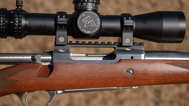 Closeup of Picatinny rail and scope mounted on Ruger Hawkeye Hunter