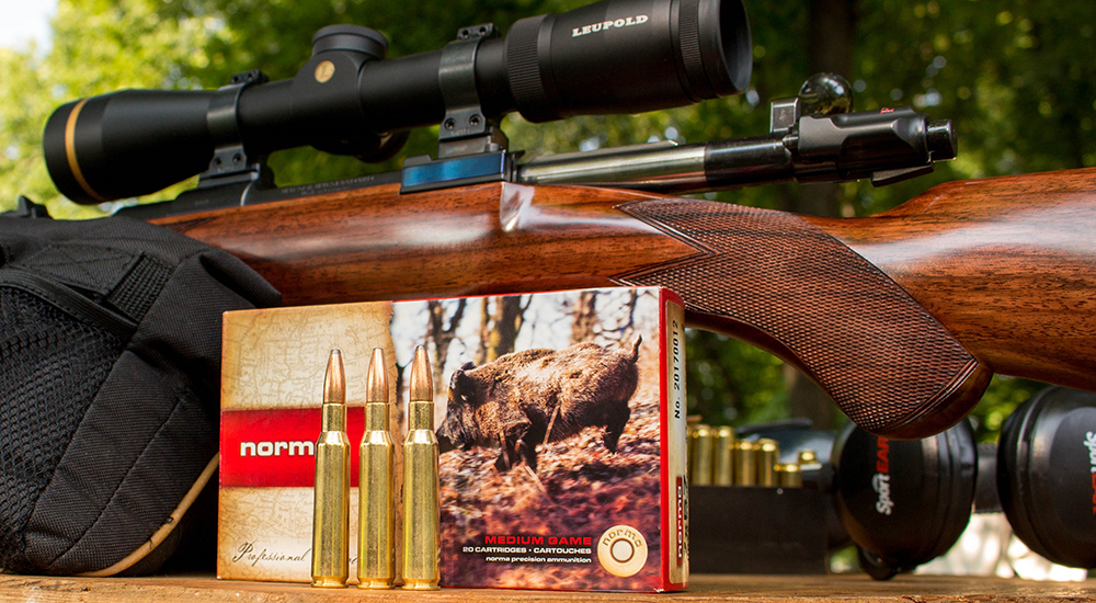 7x57mm Mauser rifle with Norma ammunition box.