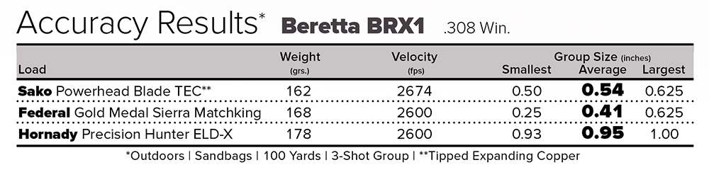 Beretta BRX1 rifle accuracy results chart with three factory ammunition loads.