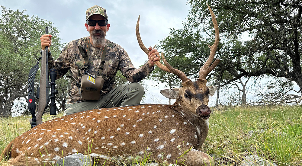 Male hunter posing with Axis deer in Texas.