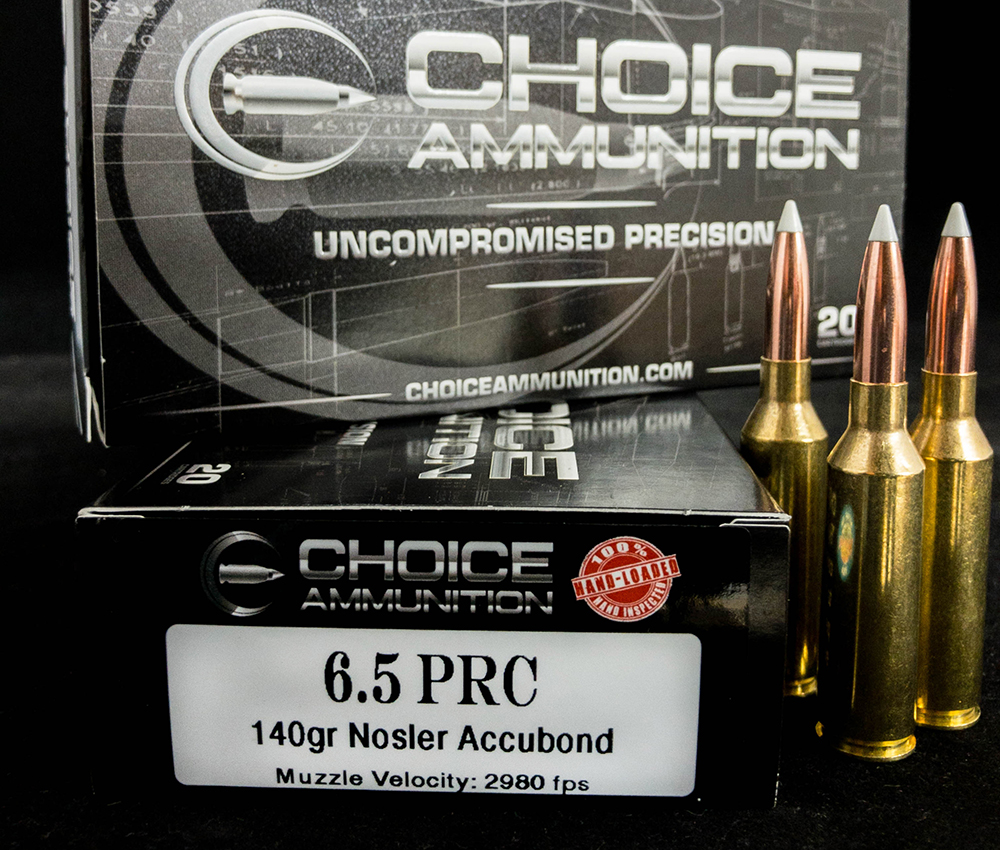 Choice Ammunition 6.5 PRC 140-grain Nosler AccuBond ammunition.