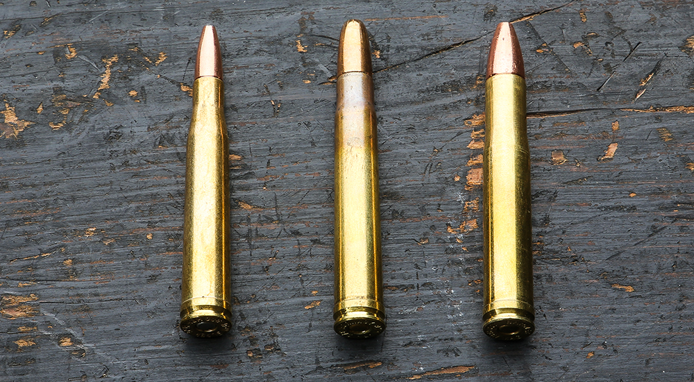 .300 H&H Magnum, .375 H&H Magnum, and .400 H&H Magnum ammunition cartridges side by side.