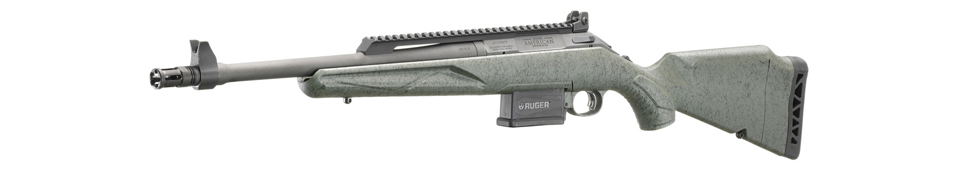 Ruger American Scout Gen II left-side angled view on white gray rifle