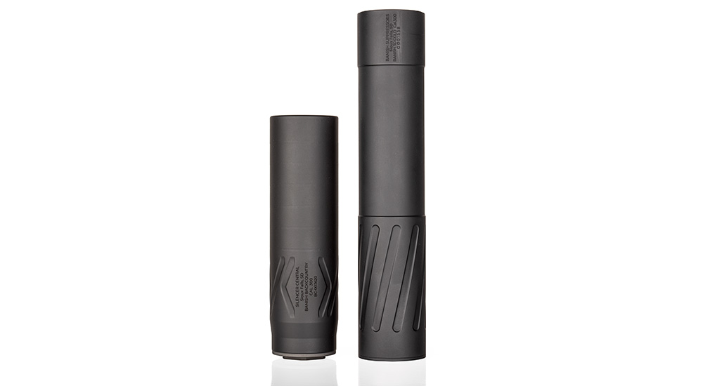 Two Silencer Central suppressors side by side on white background.