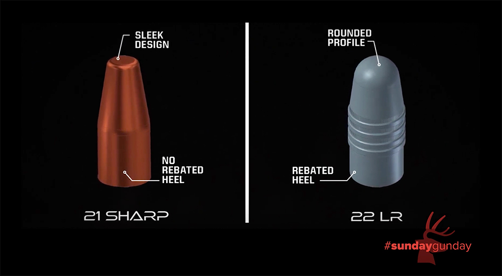 21 Sharp bullet design beside .22 Long Rifle bullet design.