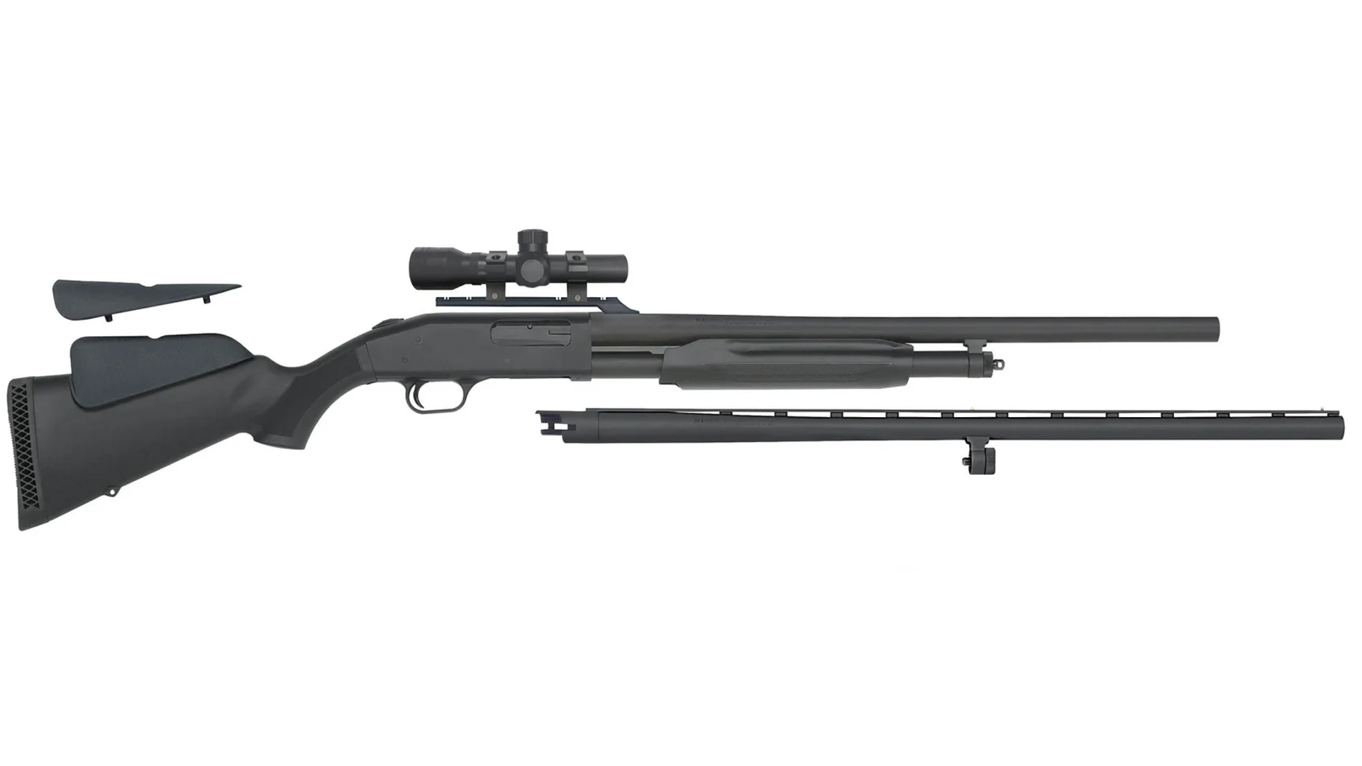 Mossberg Model 500 pump-action shotgun field/deer combo shown with black furniture cheek riser optic and spare barrel
