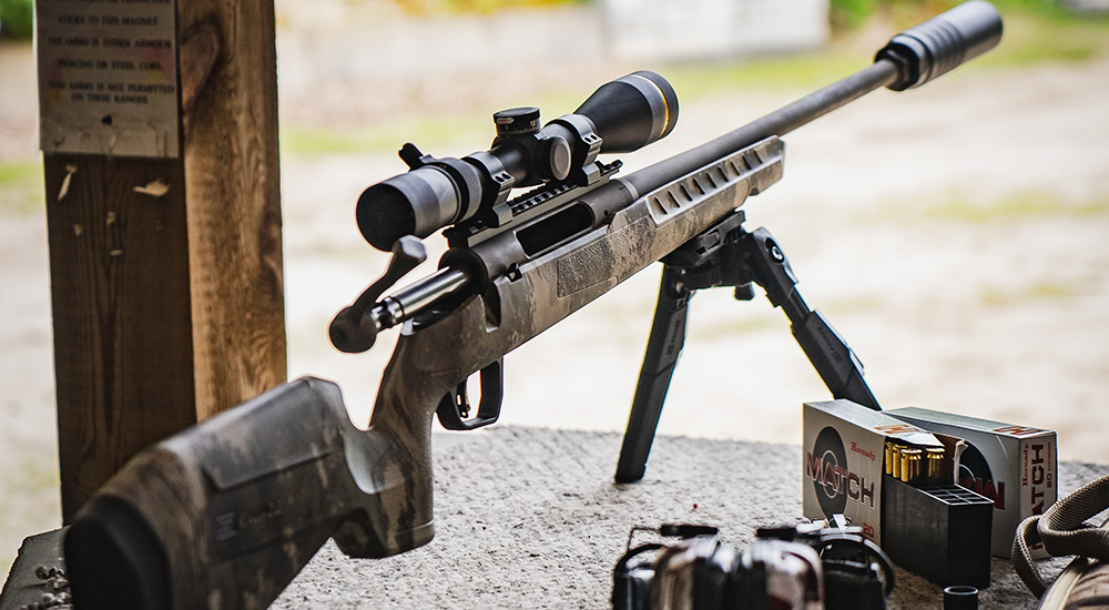 Savage Axis 2 rifle on shooting bench.