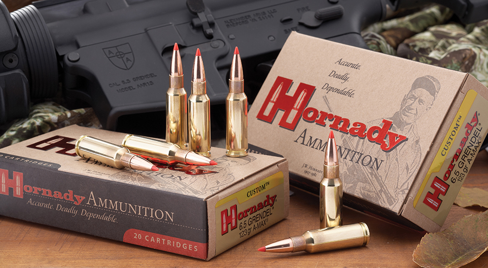 Hornady 6.5 Grendel 123-grain ammunition with AR-style rifle.