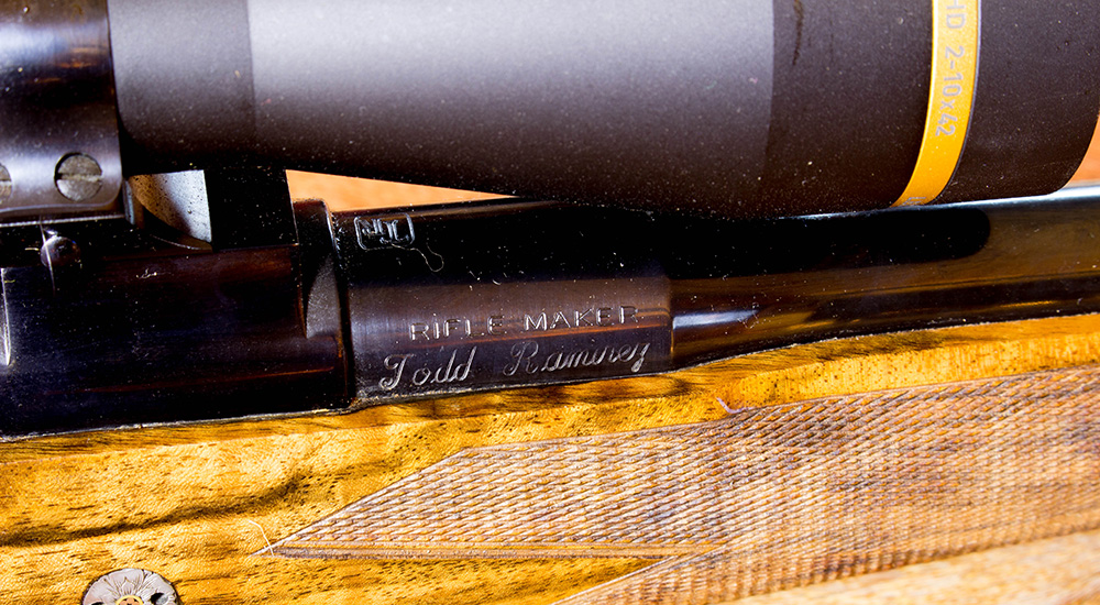 Todd Ramirez custom rifle maker engraving on rifle barrel.