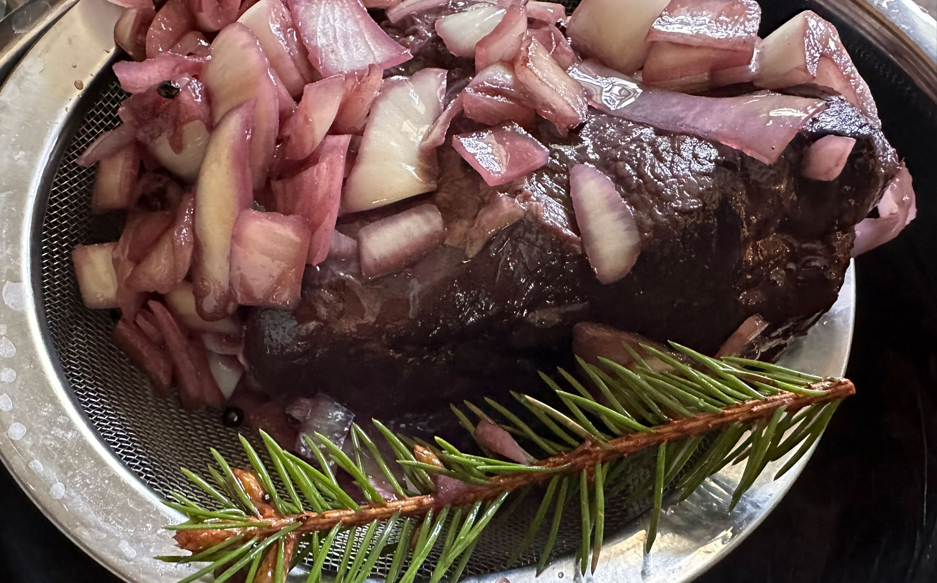 Black Forest Venison strained with spruce buds