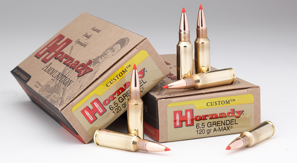 Hornady 120-grain 6.5 Grendel ammunition boxes with several rounds.