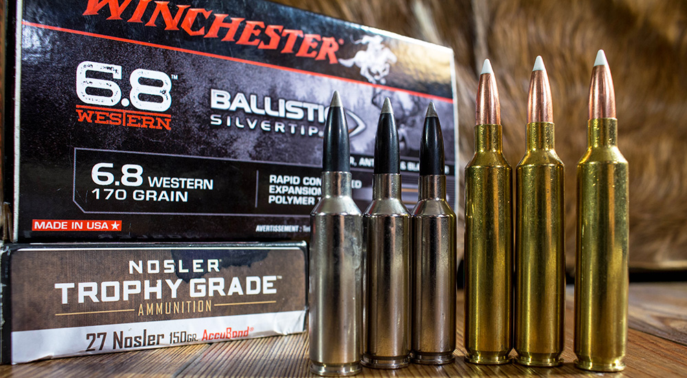 The 6.8 Western and 27 Nosler ammunition cartridges side by side.